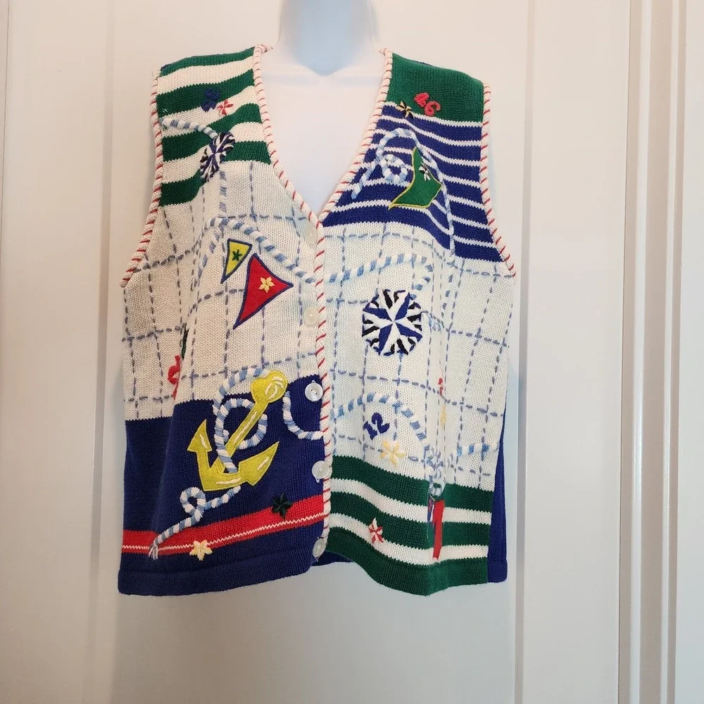 Vtg Donnkenny Ocean Sailing Sweater Button Vest L Nautical Yacht Coastal Grandma